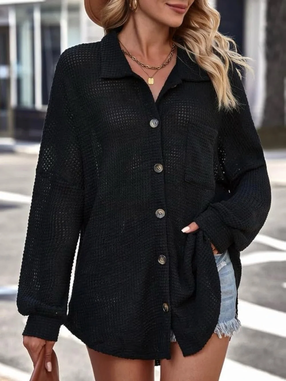 Black Button-Front Waffle Knit Shacket